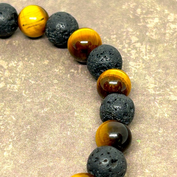 Handmade Men’s Cross Beaded Bracelet with Natural Tiger Eye & Lava Stone… - Picture 2 of 4